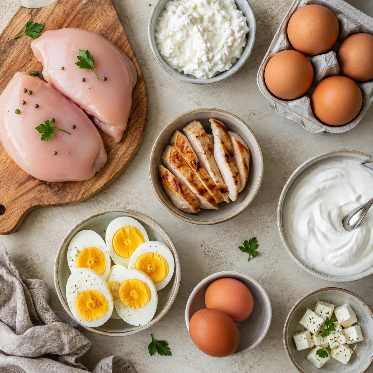 High-protein foods including chicken, eggs, and Greek yogurt on a table