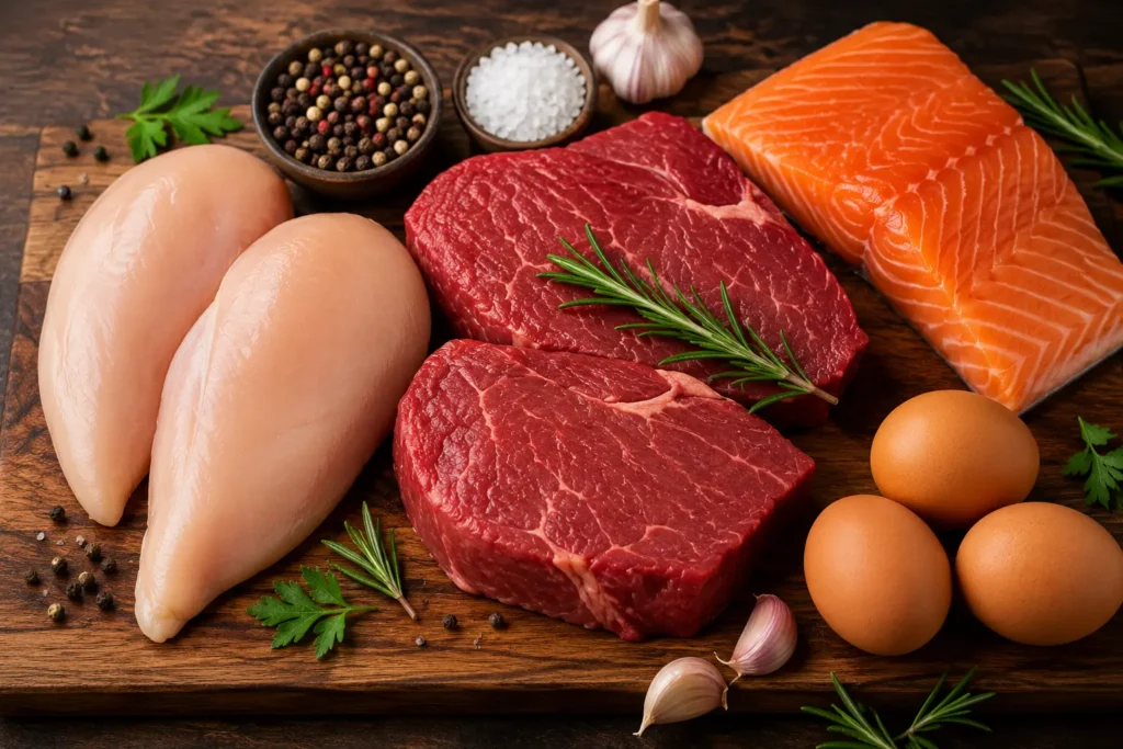 High-protein foods like chicken breast and lean beef