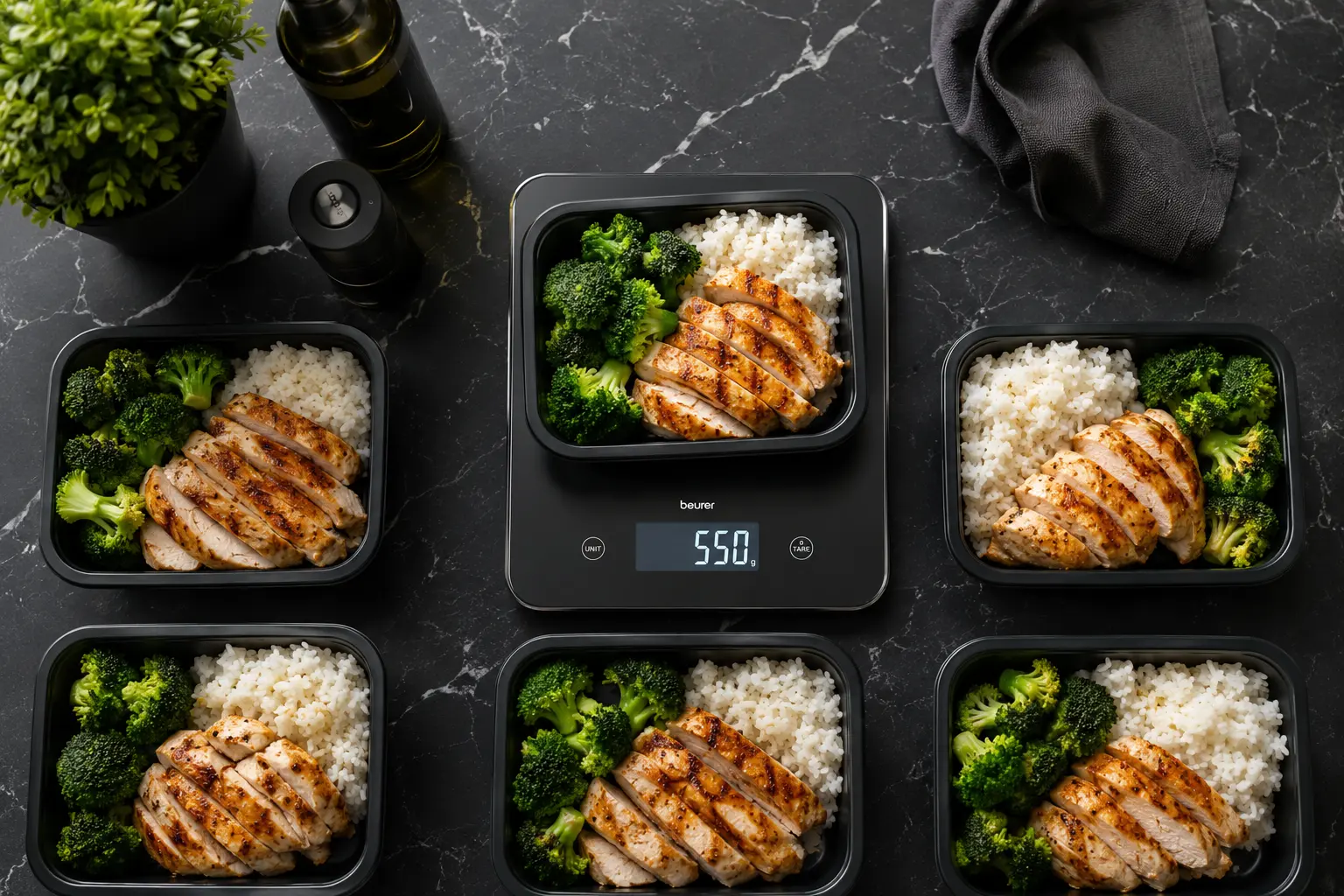 Macro counting meal prep with chicken, rice, and vegetables on a kitchen scale