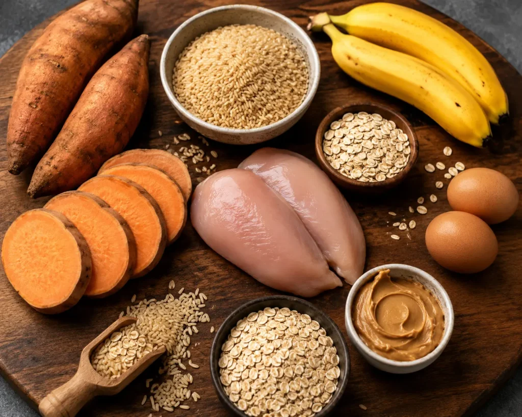 Pre-workout nutrition sources including sweet potatoes and brown rice