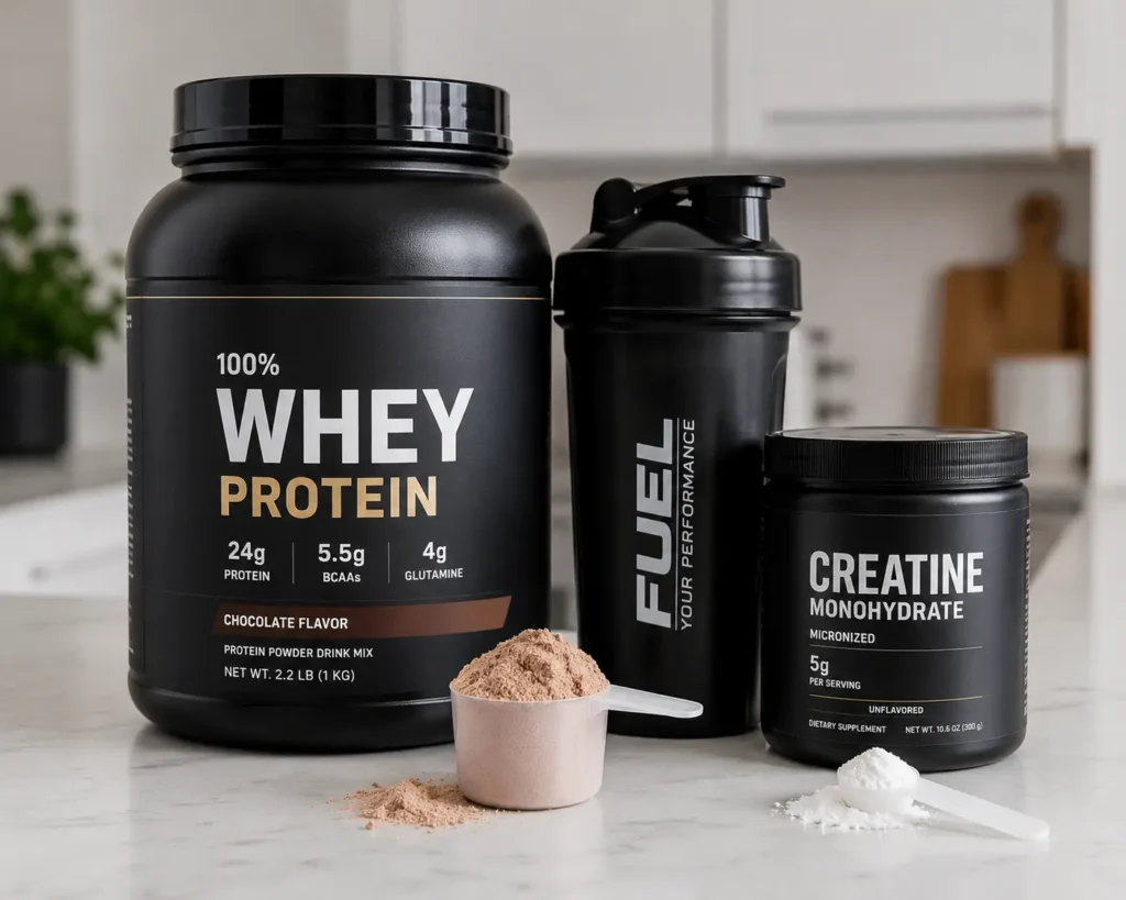 Pre-workout nutrition supplements including whey protein and creatine