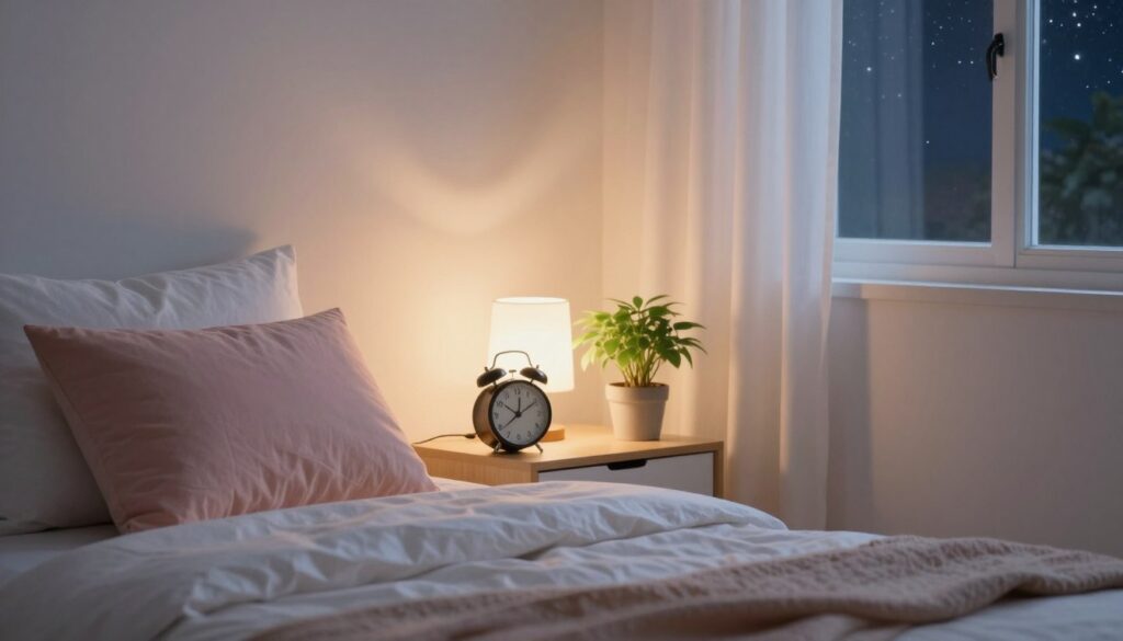 A serene bedroom scene reflecting an atmosphere of calm and wellness. In the foreground, a cozy neatly made bed with plush pillows, featuring soft pastel colors that promote tranquility. On a bedside table, a stylish alarm clock shows a reasonable time for sleep. In the middle, a gentle glow from a bedside lamp casts warm light, creating an inviting ambiance. A potted plant symbolizes vitality and fresh air, subtly emphasizing the importance of a healthy environment for sleep hygiene. In the background, soft curtains billow slightly, hinting at a peaceful night with a starry sky visible through the window. The overall composition conveys relaxation and the nurturing relationship between good sleep and hormonal balance, accentuated by natural lighting through the window emphasizing serenity and wellness. Post-Workout Protocols: A serene bedroom scene reflecting an atmosphere of calm and wellness. In the foreground, a cozy neatly made bed with plush pillows, featuring soft pastel colors that promote tranquility. On a bedside table, a stylish alarm clock shows a reasonable time for sleep. In the middle, a gentle glow from a bedside lamp casts warm light, creating an inviting ambiance. A potted plant symbolizes vitality and fresh air, subtly emphasizing the importance of a healthy environment for sleep hygiene. In the background, soft curtains billow slightly, hinting at a peaceful night with a starry sky visible through the window. The overall composition conveys relaxation and the nurturing relationship between good sleep and hormonal balance, accentuated by natural lighting through the window emphasizing serenity and wellness.