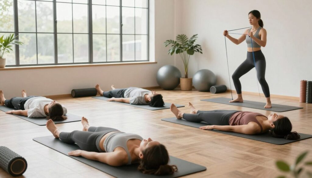 A serene indoor gym setting bathed in soft, natural light streaming through large windows. In the foreground, a diverse group of individuals, clothed in modest athletic wear, engage in various active recovery techniques. One person is performing gentle yoga stretches on a mat, while another is using a foam roller against a wall for muscle relief. Nearby, a third individual is doing light resistance band exercises, demonstrating movement and vitality. The middle ground features exercise equipment like mats, stability balls, and foam rollers neatly arranged. In the background, potted plants add a touch of nature, enhancing the calming atmosphere. The composition captures a mood of tranquility and rejuvenation, illustrating effective techniques for managing Delayed Onset Muscle Soreness (DOMS). Post-Workout Protocols: A serene indoor gym setting bathed in soft, natural light streaming through large windows. In the foreground, a diverse group of individuals, clothed in modest athletic wear, engage in various active recovery techniques. One person is performing gentle yoga stretches on a mat, while another is using a foam roller against a wall for muscle relief. Nearby, a third individual is doing light resistance band exercises, demonstrating movement and vitality. The middle ground features exercise equipment like mats, stability balls, and foam rollers neatly arranged. In the background, potted plants add a touch of nature, enhancing the calming atmosphere. The composition captures a mood of tranquility and rejuvenation, illustrating effective techniques for managing Delayed Onset Muscle Soreness (DOMS).