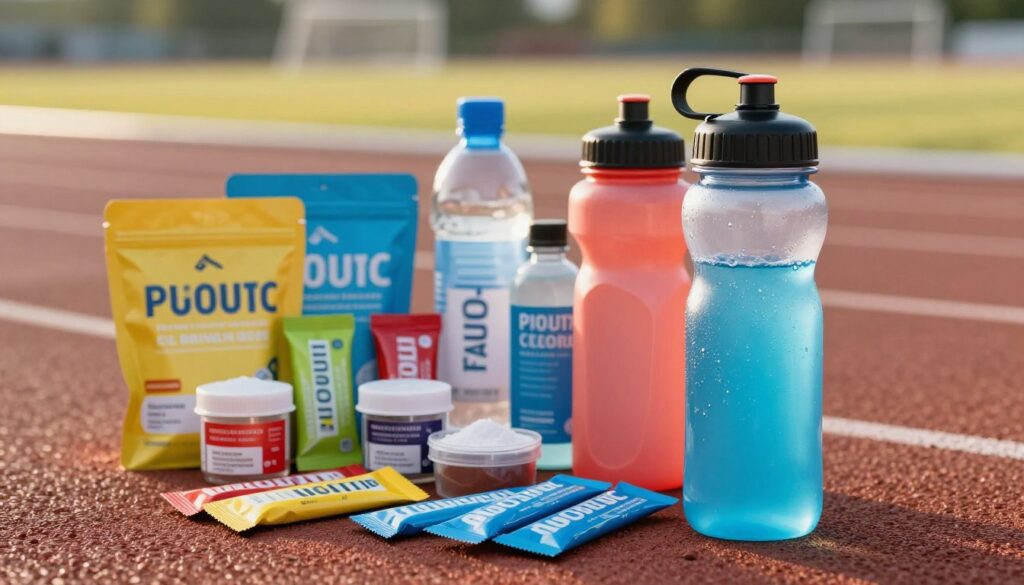 Athlete hydration guide: assortment of sports drinks, electrolyte powder pouches, and water bottles arranged on a running track.