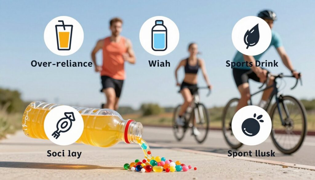 Athlete hydration guide: infographic showing runners and cyclists with icons illustrating common hydration mistakes, such as over-reliance on sugary drinks and incorrect electrolyte intake.