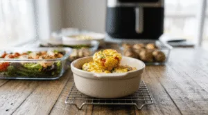 Air fryer egg and cottage cheese protein bites cooling on a rack — quick high-protein snack recipe for athletes on the go