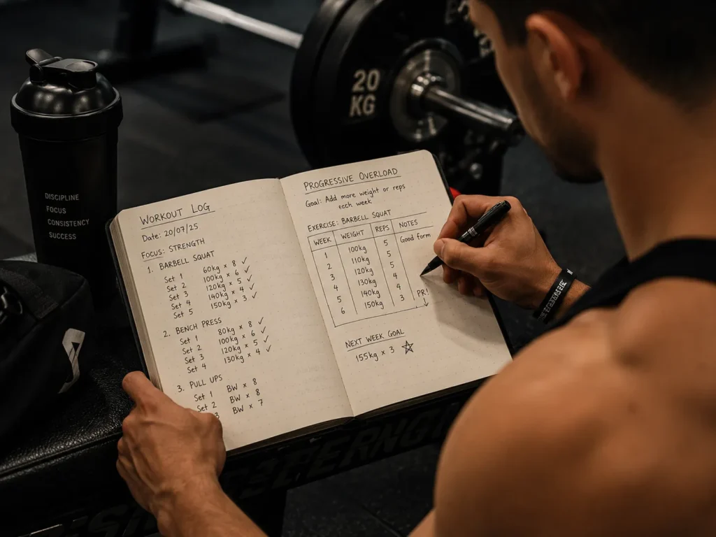 Stop Guessing: 7 Ways to Track Your Gym Gains 2 Athlete tracking gym performance tracking using a workout logbook and recording progressive overload data