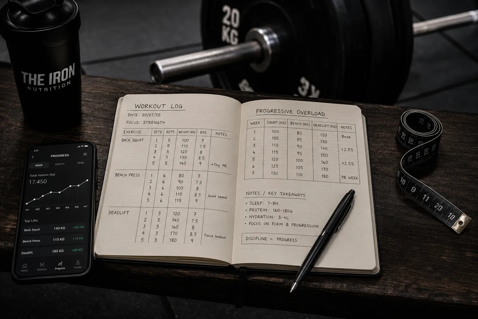Fitness tracking gear including workout logbook, tape measure, and phone showing progress data for gym performance tracking