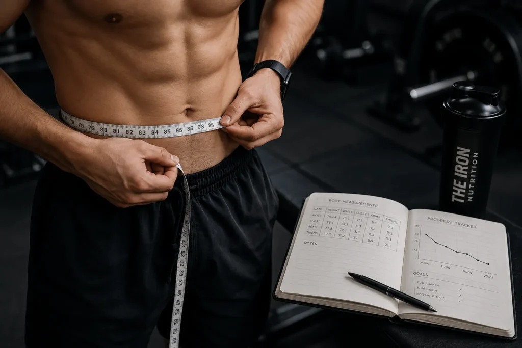 Stop Guessing: 7 Ways to Track Your Gym Gains 3 Fitness enthusiast taking body measurements with a tape measure for gym performance tracking