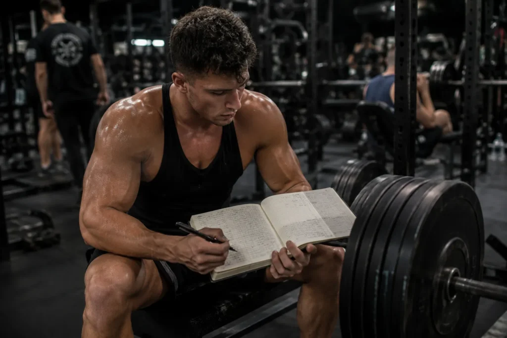 Lifter reviewing a workout log for progressive overload