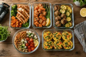 Five fast high-protein recipes cooked in an air fryer, displayed on a meal prep table — healthy meal ideas for busy athletes from The Iron Nutrition