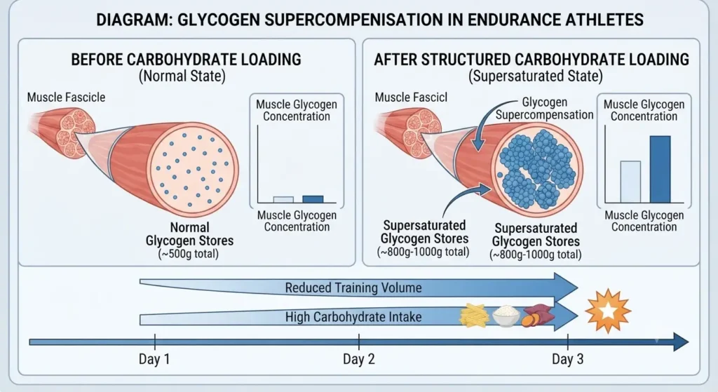 Carbohydrate Loading for Endurance Athletes: 7 Best Strategies for the Ultimate Race-Day Protocol 3 Diagram illustrating the science of carbohydrate loading for endurance athletes, showing glycogen storage in muscle fibres before and after a structured loading protocol.