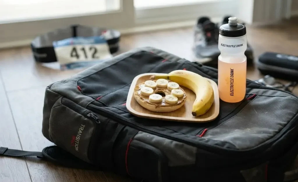 Carbohydrate Loading for Endurance Athletes: 7 Best Strategies for the Ultimate Race-Day Protocol 5 Endurance athlete pre-race breakfast as part of a carbohydrate loading for endurance athletes protocol: white bagel, banana, and sports drink laid out on a race day kit bag.