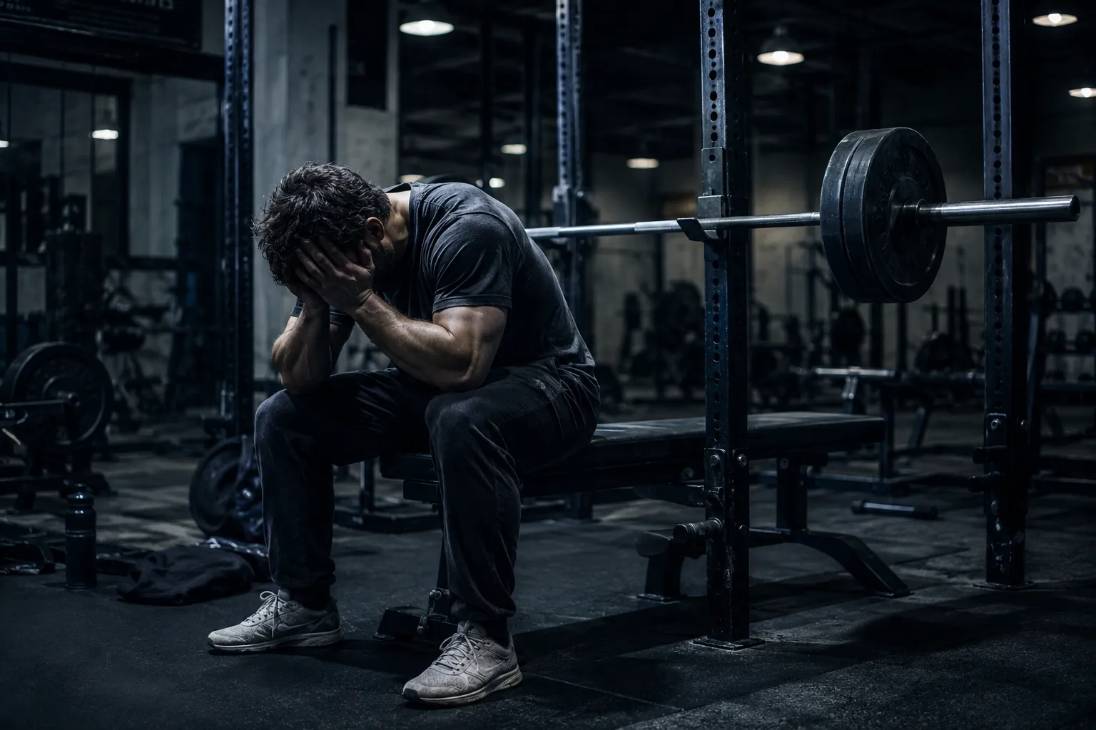 Overtraining signs shown by an exhausted lifter resting on a bench