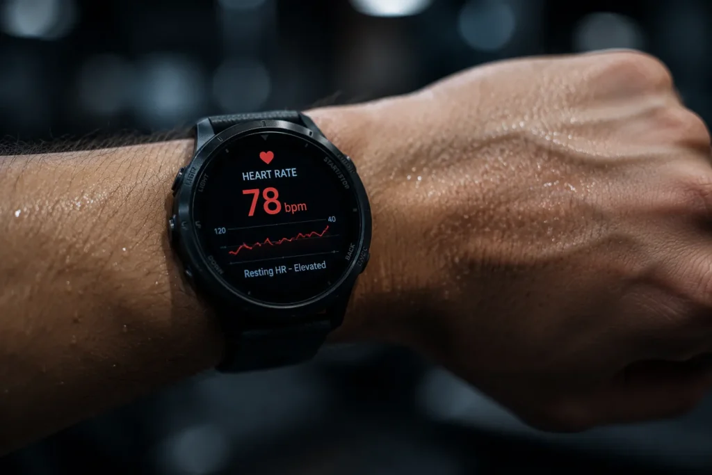 Overtraining signs tracked through elevated resting heart rate on a smartwatch