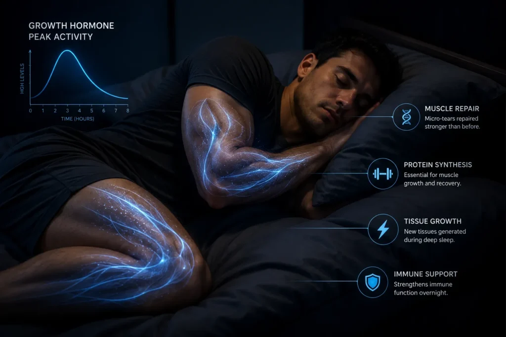Poor Sleep and Muscle Growth: Why Rest Matters More Than Training 2 Poor sleep and muscle growth connection through growth hormone release