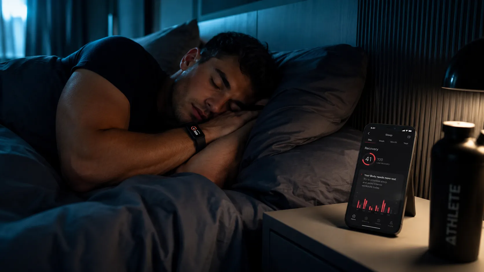Poor sleep and muscle growth illustrated by a person sleeping with fitness tracker