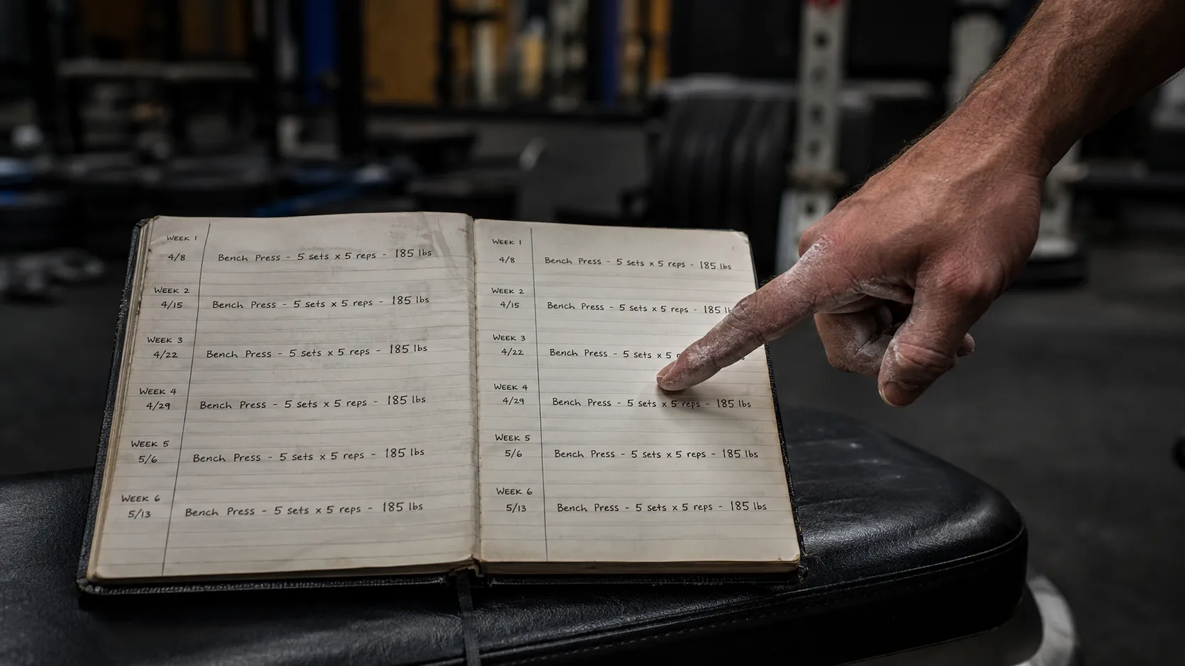 Progressive overload mistakes shown by a stalled workout log