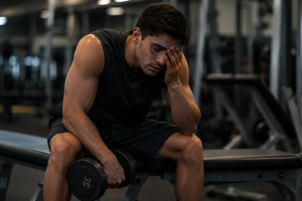 Poor Sleep and Muscle Growth: Why Rest Matters More Than Training 3 Tired lifter showing signs of poor sleep affecting muscle growth