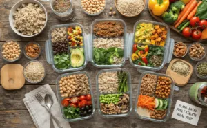Plant-Based Athlete Nutrition: 7 Proven Strategies to Unlock Elite Performance 2 plant-based athlete nutrition meal prep flat-lay showing whole grains, legumes, colourful vegetables, and nuts arranged on a wooden surface