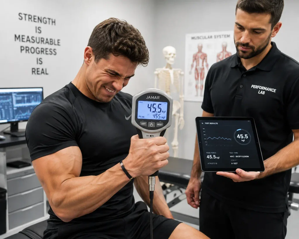 Dynamometer used to verify BFR training progress against a real strength test