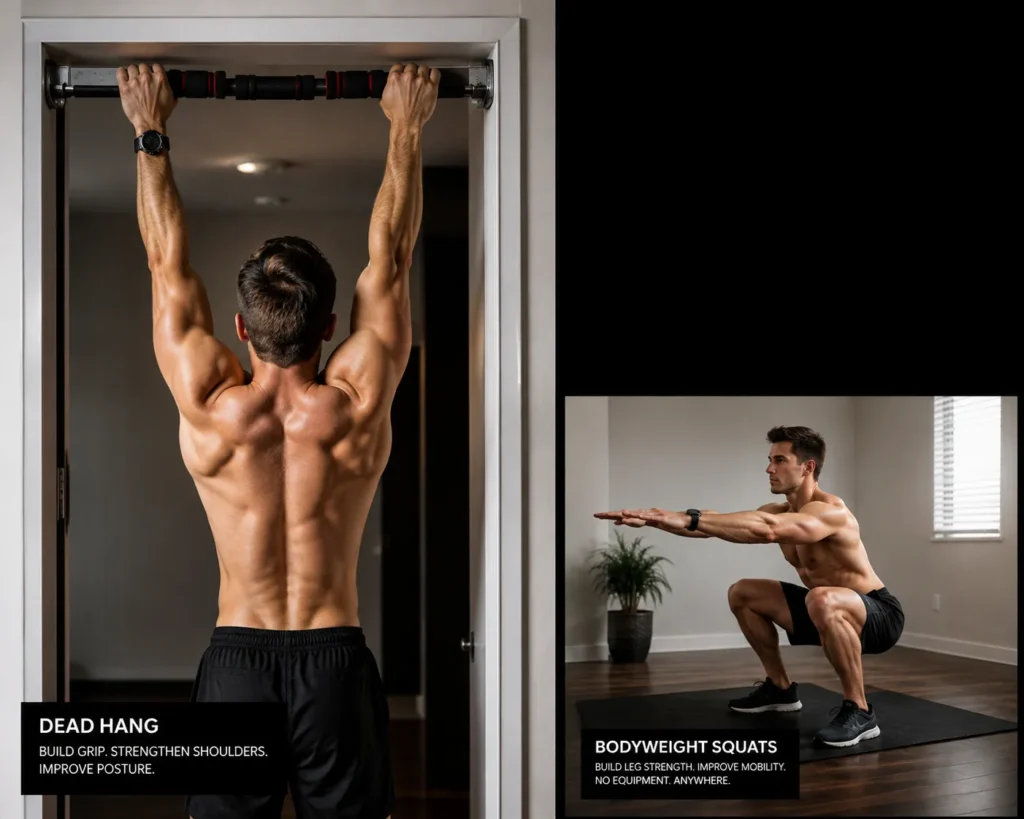 Exercise snacks for lifters including dead hangs and bodyweight squats