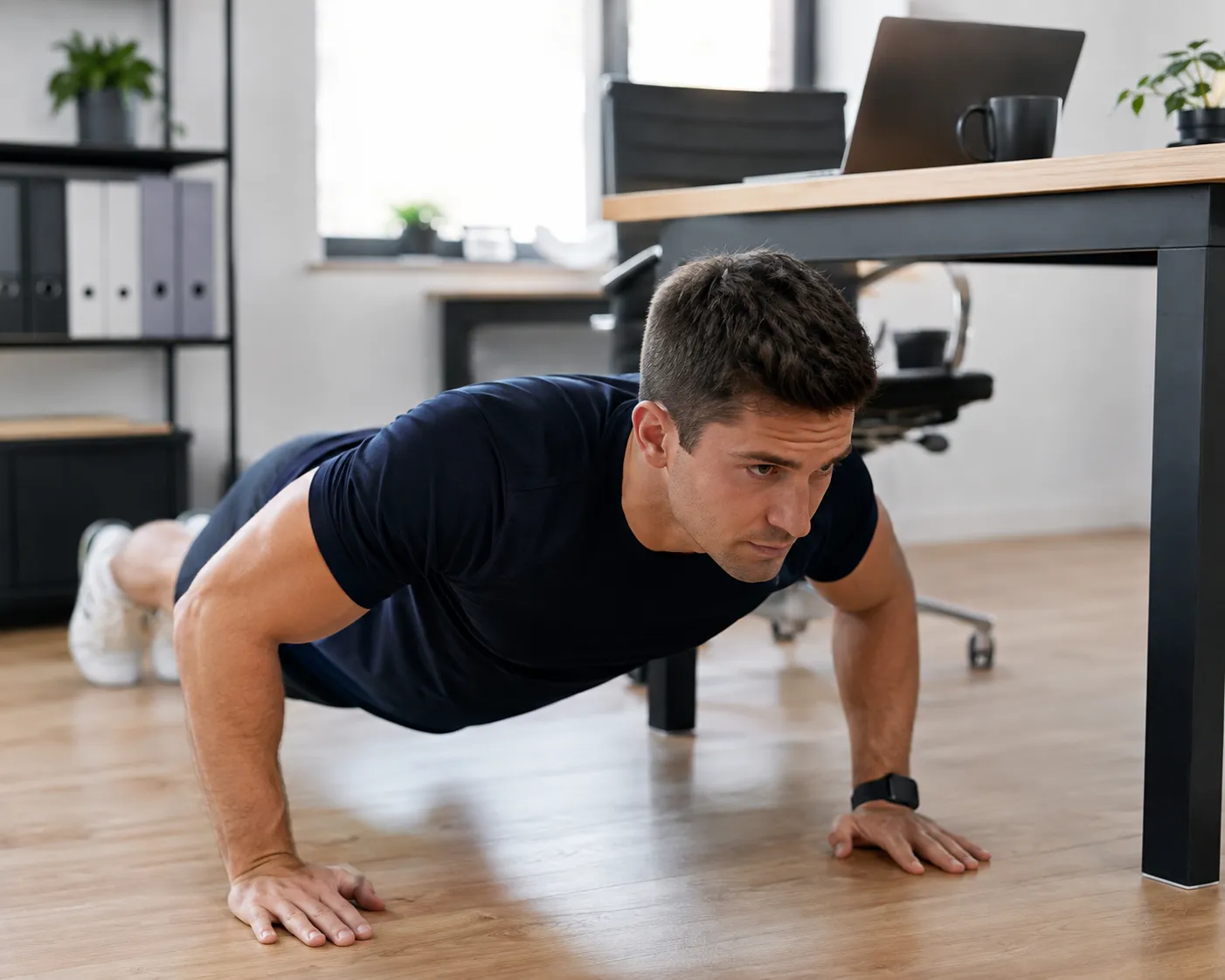 Exercise snacks for lifters shown as a quick push-up set at a desk
