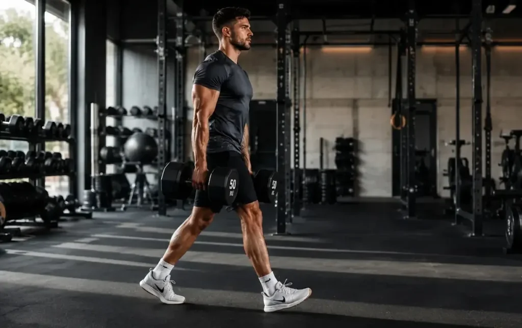 Grip strength training using farmer's carries with dumbbells