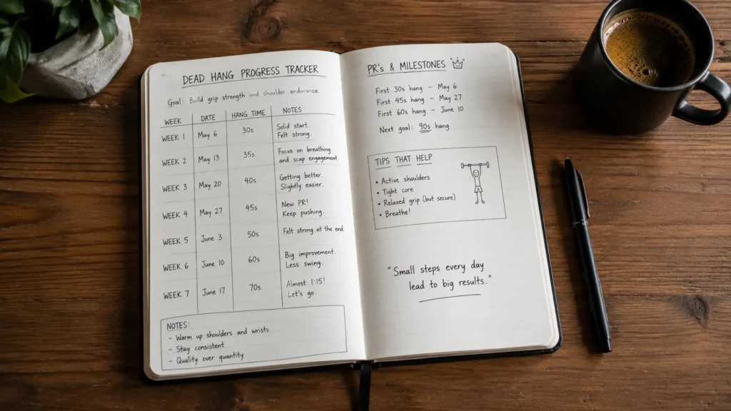 Grip strength training log tracking hang time over weeks