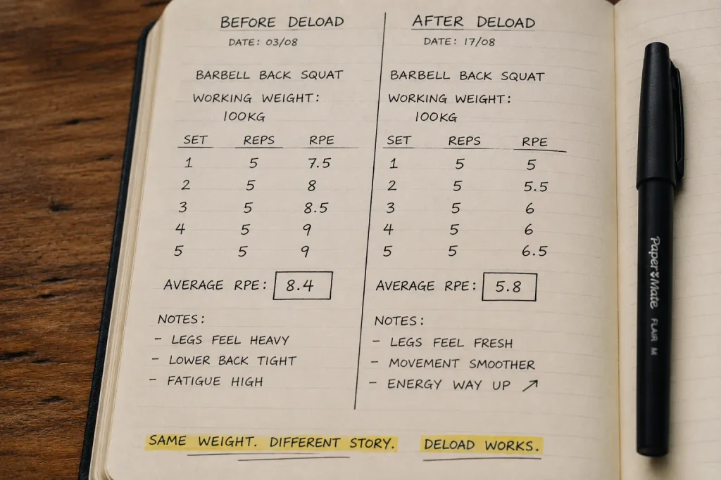 Log comparing performance before and after a deload week without an app