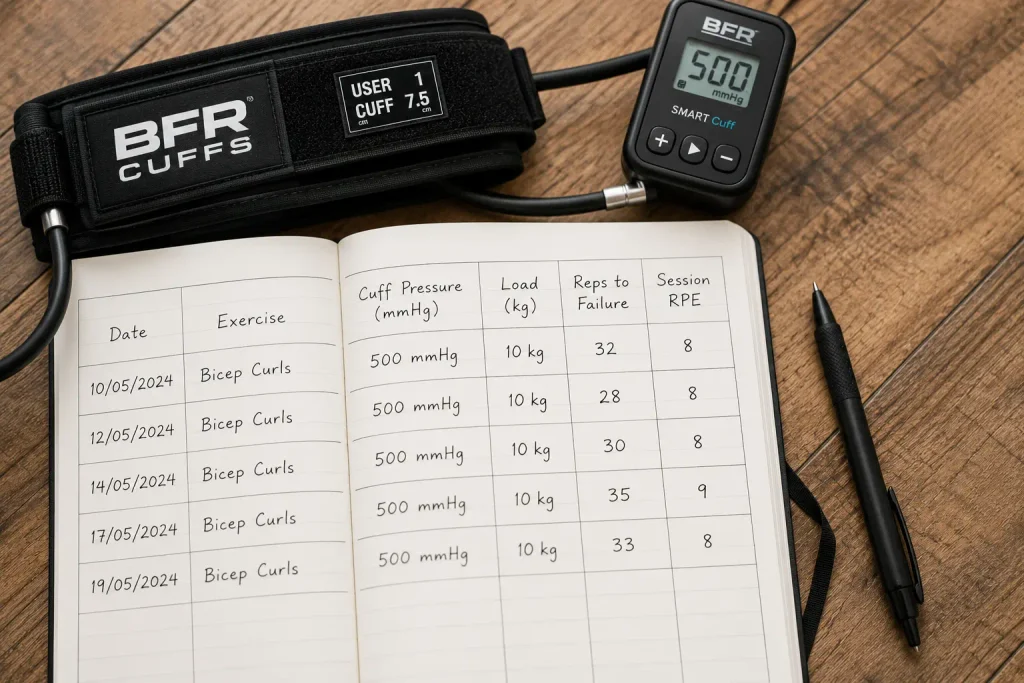 Log tracking BFR training progress with pressure, reps, and RPE