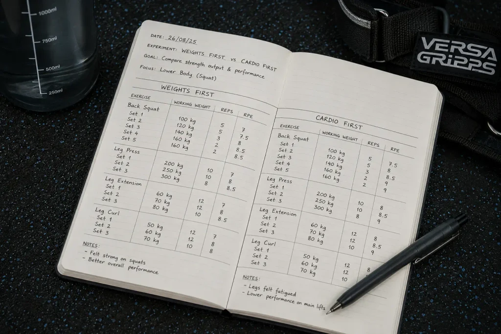 Log tracking cardio before or after weights over a 4-week experiment