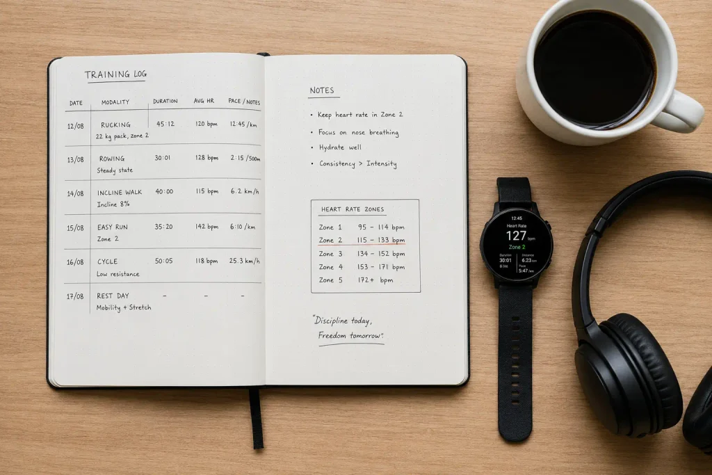 Log tracking zone 2 training for lifters alongside heart rate and pace