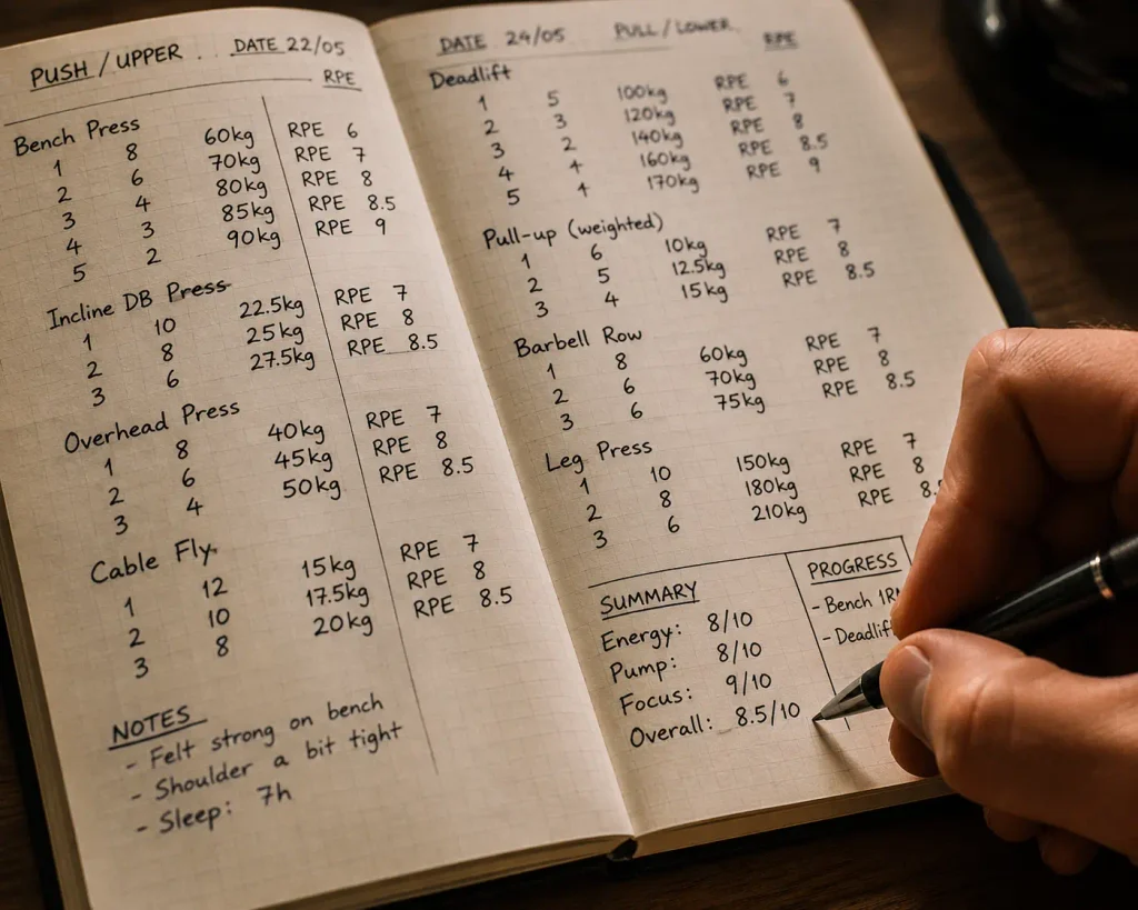 Notebook page reviewing lessons from self-experiments in the gym