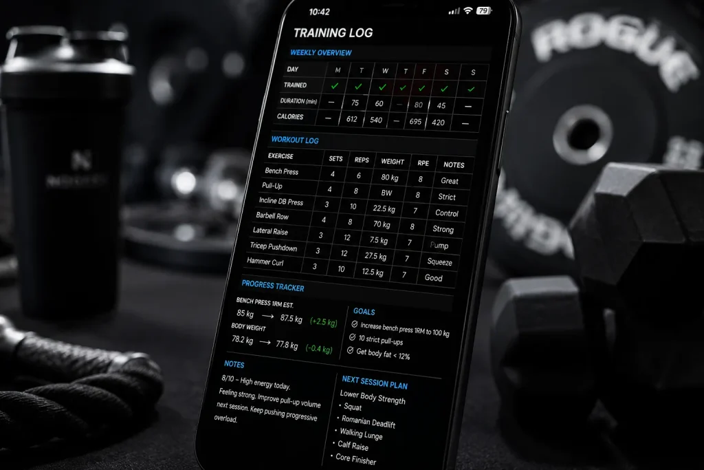 Overview table of self-experiments in the gym with duration and results