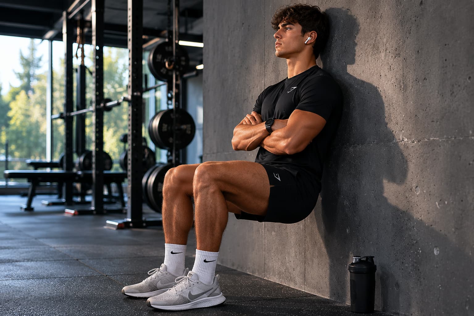 Person holding a wall sit to track isometric training progress