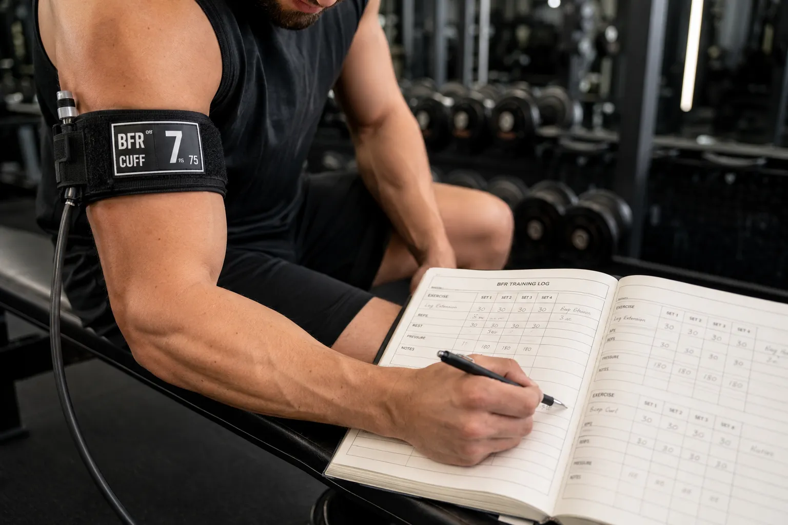 Person tracking BFR training progress with occlusion bands on the arm