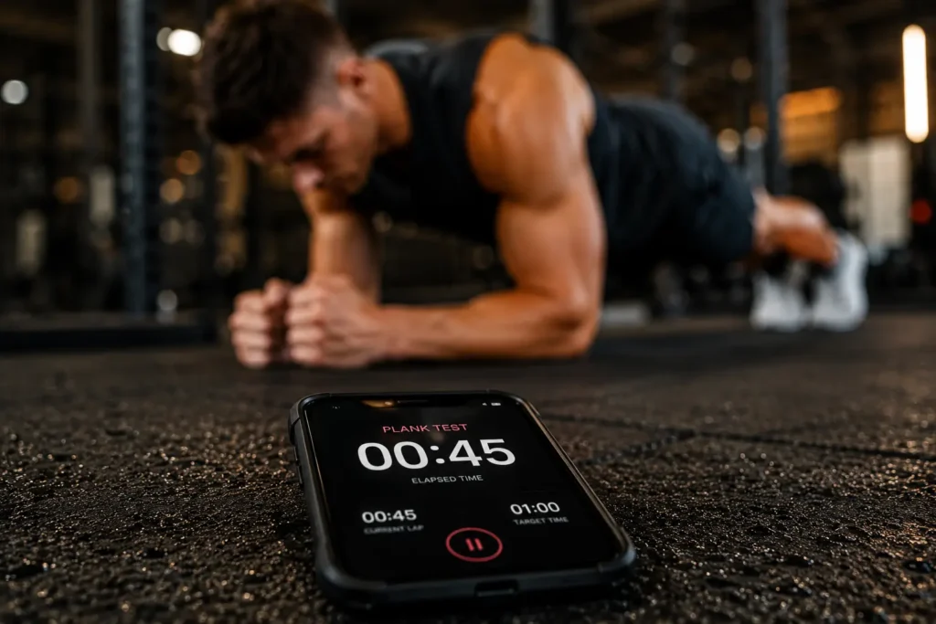 Timer used to track isometric training progress during a plank hold