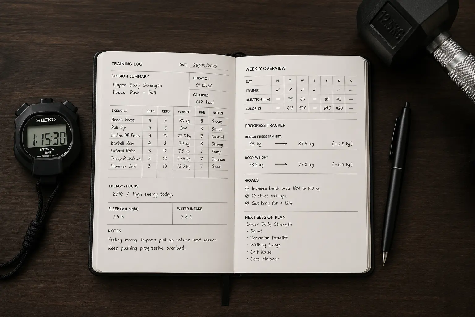 Training log covering 6 months of self-experiments in the gym