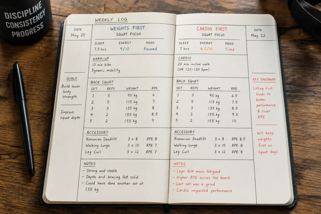 Workout journal comparing cardio before or after weights sessions