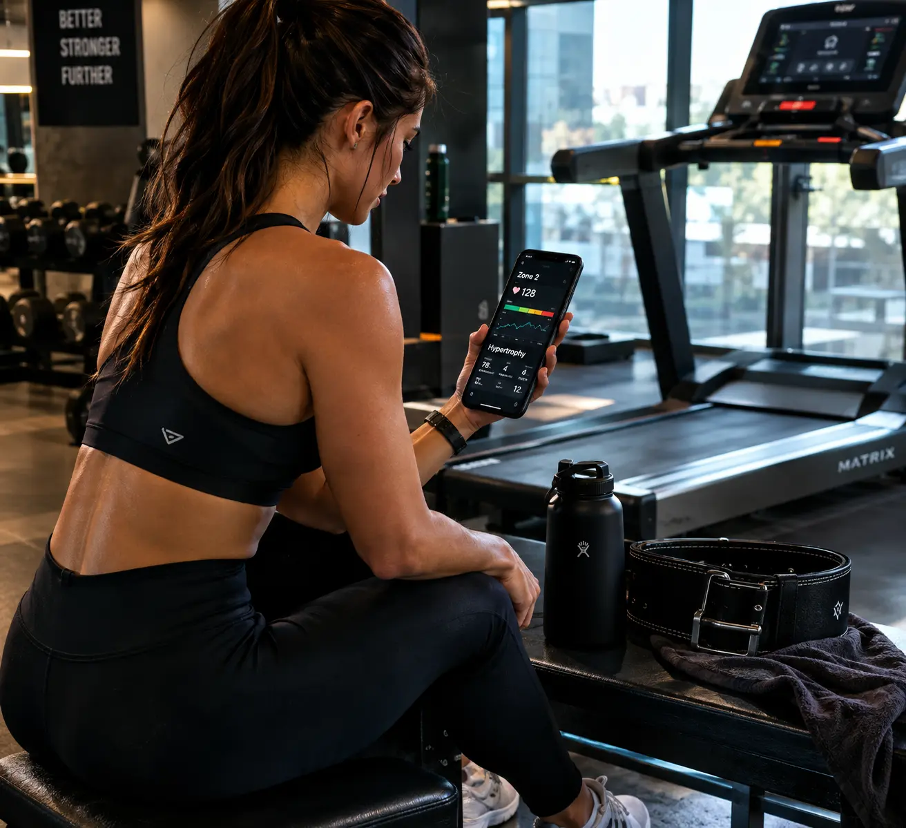 Athlete monitoring resting heart rate and tracking Zone 2 cardio and hypertrophy metrics in a training app