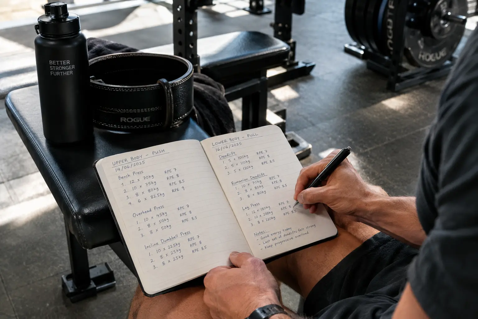 Athlete recording RPE-based double progression tracking notes in a training log