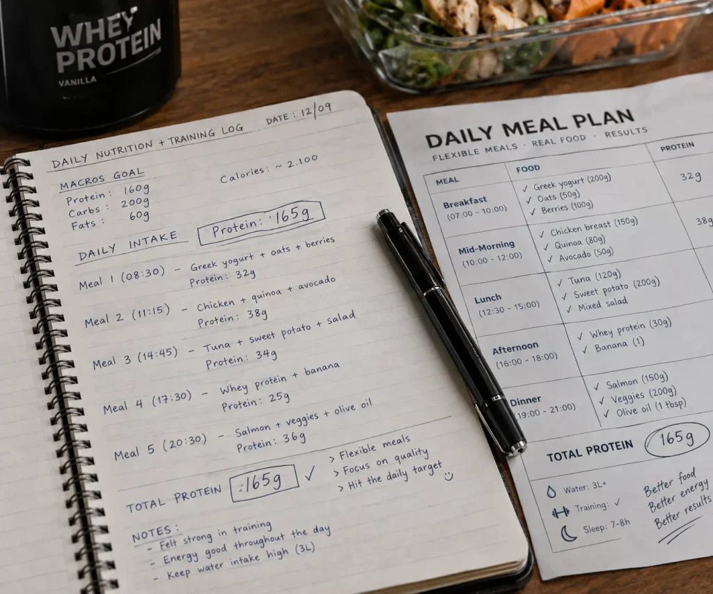 Close-up of daily meal plan and fitness notebook illustrating protein timing vs daily total tracking