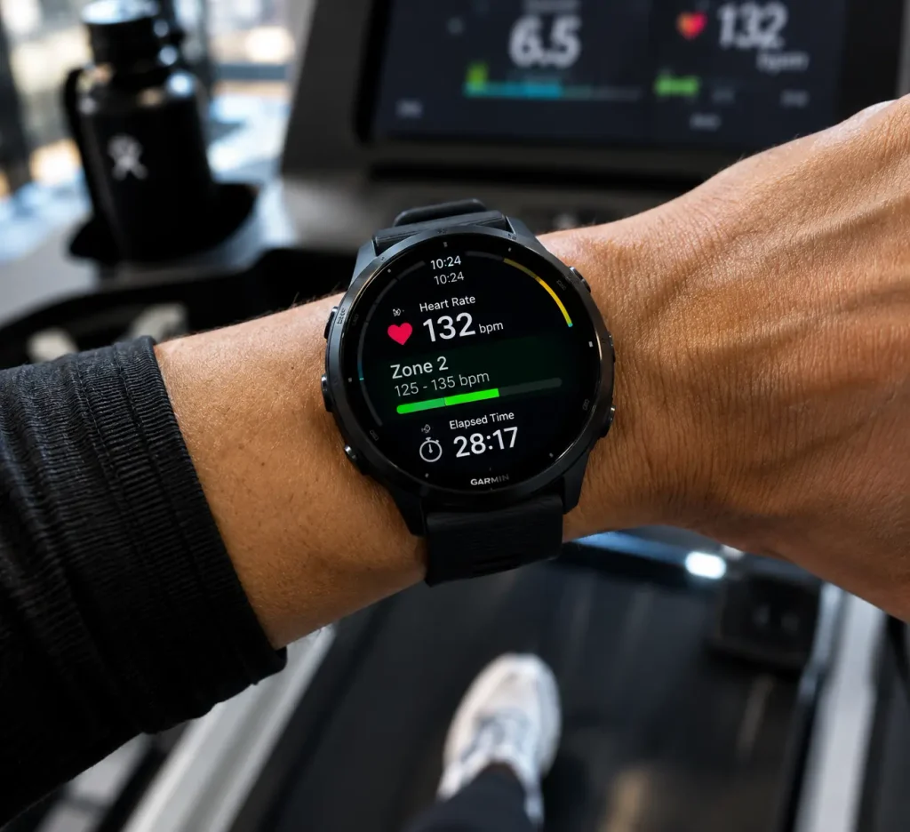 Close-up of smartwatch showing heart rate data while tracking Zone 2 cardio and hypertrophy sessions