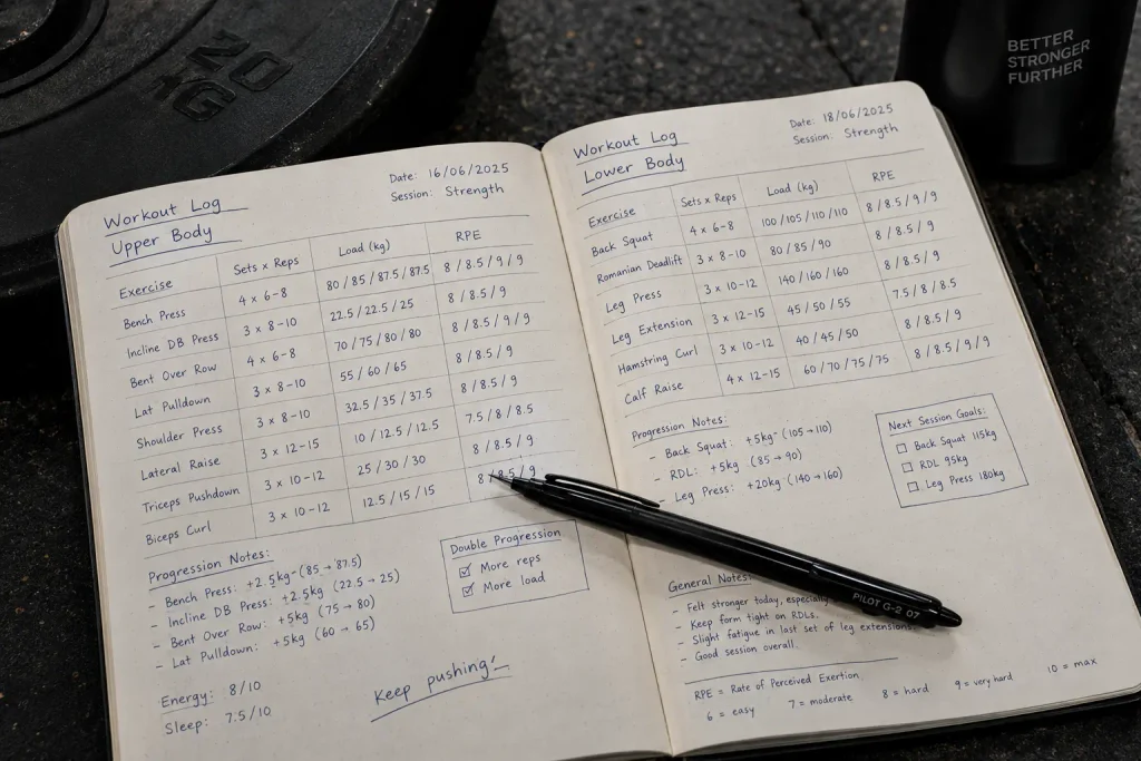 Close-up of strength training notebook showing RPE and rep ranges