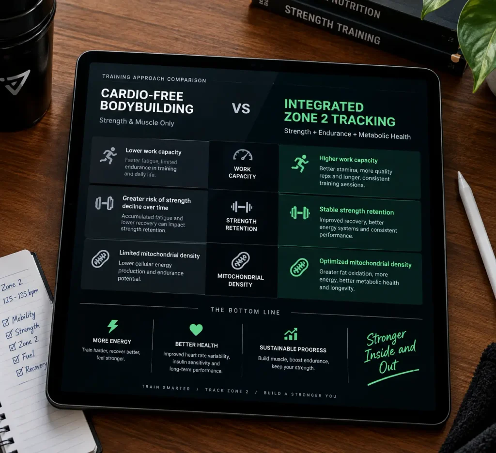 Comparison chart of strength retention versus aerobic volume when tracking Zone 2 cardio and hypertrophy