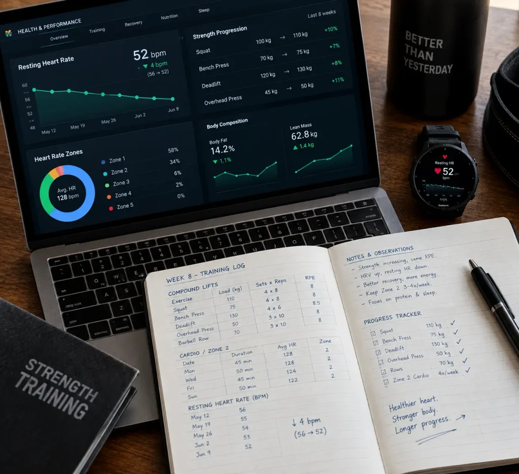 Detailed view of fitness dashboard and training diary analyzing tracking Zone 2 cardio and hypertrophy