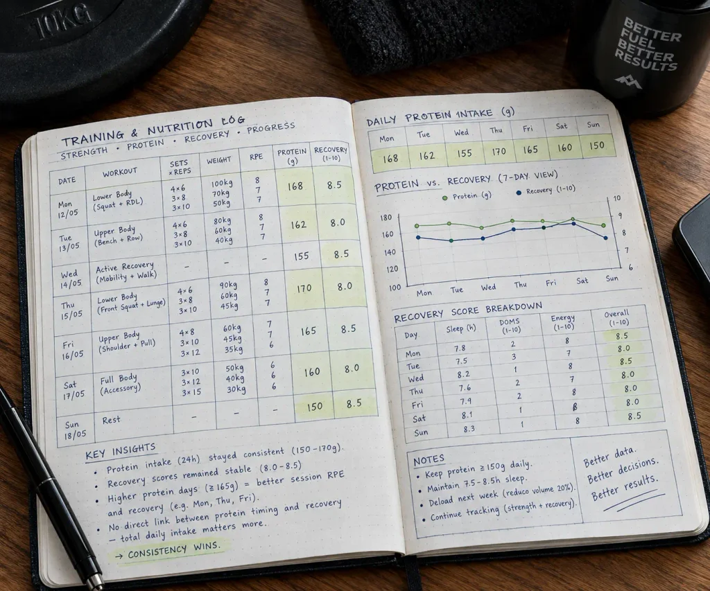 Detailed view of training diary and nutrition log analyzing protein timing vs daily total tracking