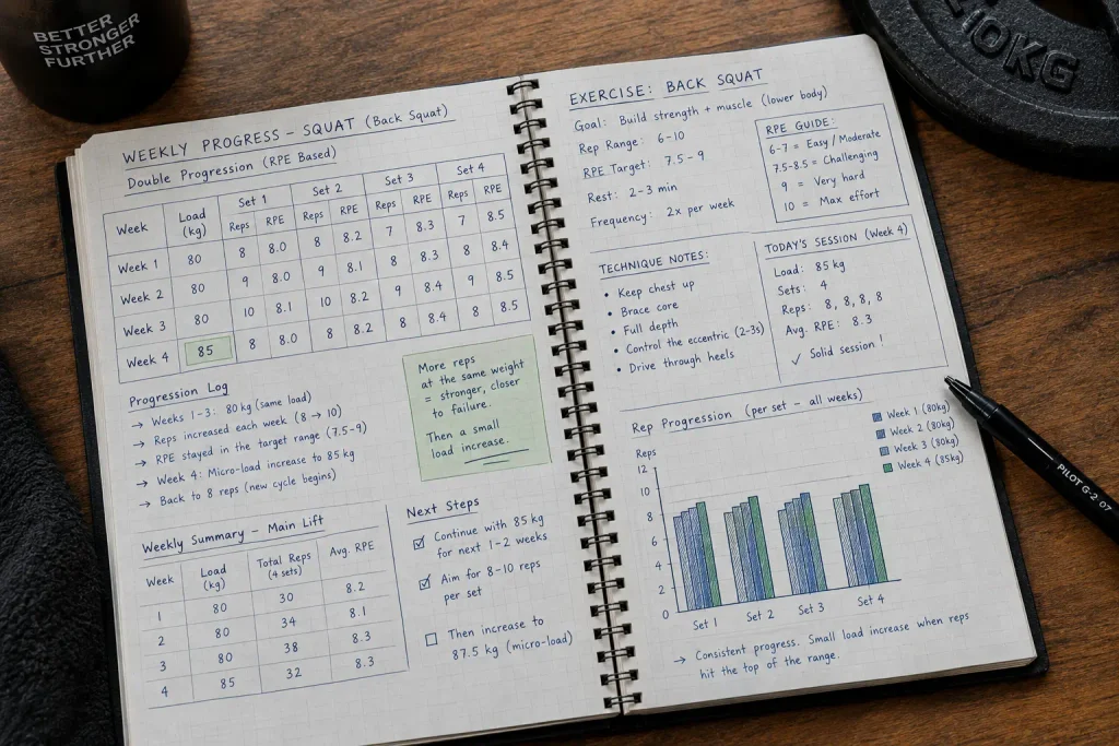 Detailed view of workout log tracking rep ranges and perceived exertion