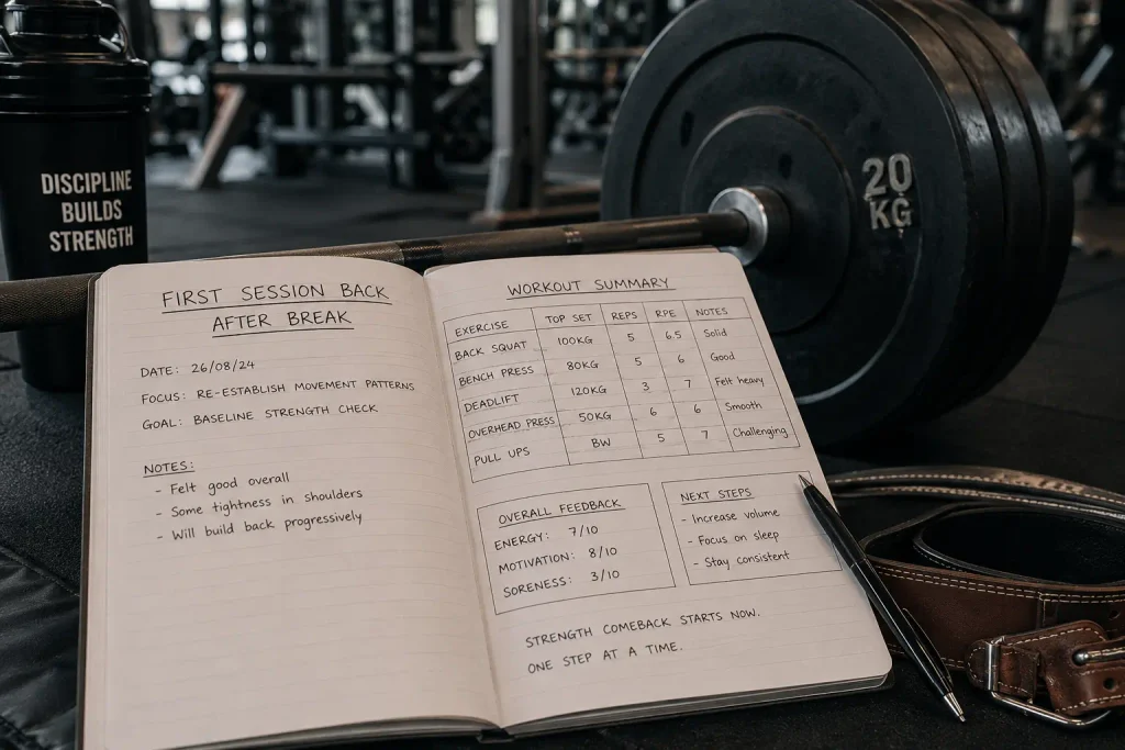 First session back logged to track your strength comeback accurately